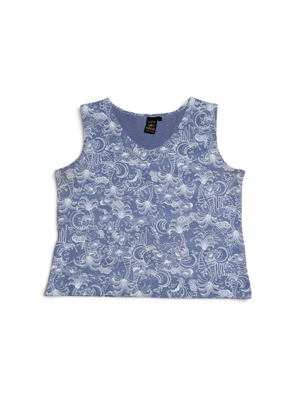 Vintage Sun Moda Blue Sleeveless Cotton Top with White Tropical Pattern Size L